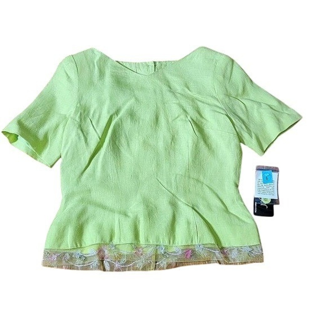 Vintage‎ Althuser Green Linen Blazer Short Sleeve Button Back Floral Trim USA 6